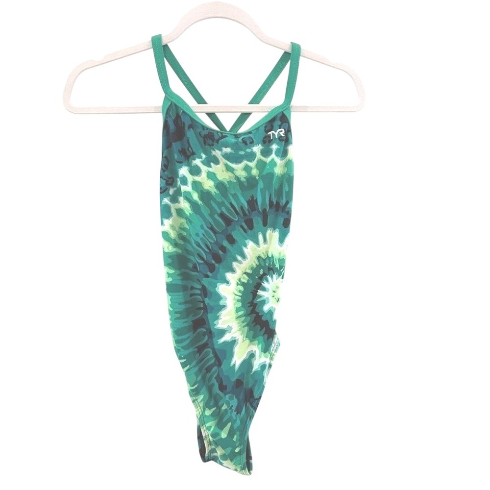 TYR Womens Green Tie Dye One Piece Swimsuit Crossback Competitive Swim Size‎ 34